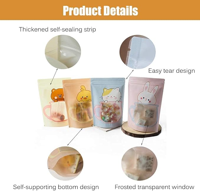 100 Pieces Resealable Cartoon Stand Up Plastic Smell Proof Zip Lock Packaging Bags for Food Storage Package Pouches (Yellow Bear,5.1x7.1 Inch)