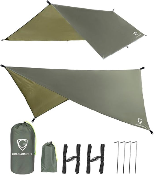 Gold Armour Rainfly Tarp for Hammock and Tent, 12x10ft Waterproof Lightweight Camping Accessories, Survival Gear