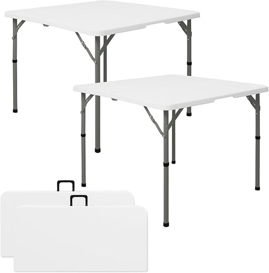 Set of 2 Square Folding Table 34in Multi-Functional Portable Folding Card Table with Carrying Handle for Indoor Outdoor Camping,Picnic, Office, Party Use HDPE Plastic Tabletop with Metal Frame(White)
