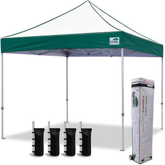Eurmax USA Standard 10x10ft Patio Pop Up Canopy Tent for Outdoor Events Commercial Instant Canopies with Heavy Duty Roller Bag,Bonus 4 Canopy Sand Bags (Green&White)