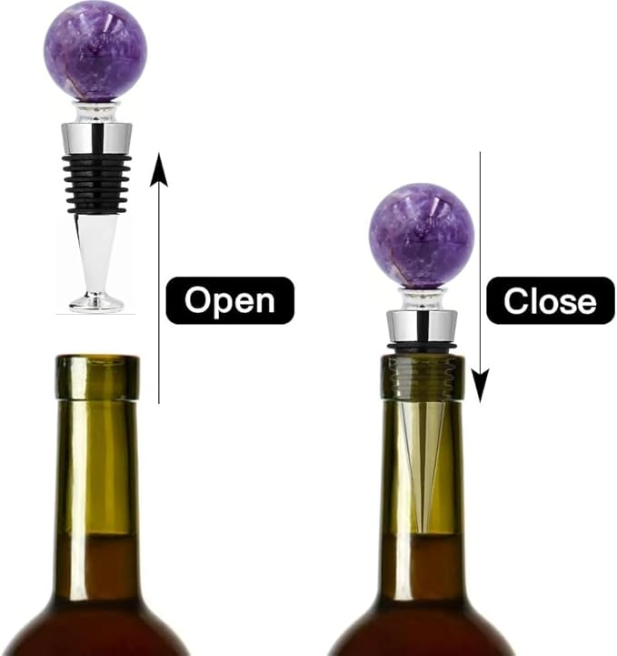 Homestia Gemstone Wine Stopper, Purple Natural Crystal Wine Bottle Stopper with Food-Grade Silicone Seal, Leak-Proof Reusable Wine Saver for Freshness, Wedding & Party Gift