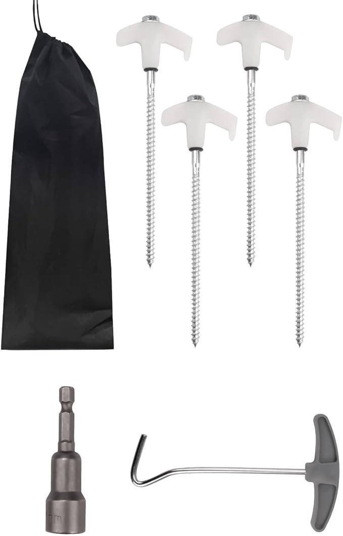 4 Pcs Tent Stakes Heavy Duty, 8 in Ground Anchors Screw in, Grow in The Dark Screw in Tent Stakes, Camping Stakes with Storage Box, Threaded Tent Spikes with Hex Head Driver and Stake Puller