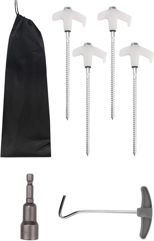 4 Pcs Tent Stakes Heavy Duty, 8 in Ground Anchors Screw in, Grow in The Dark Screw in Tent Stakes, Camping Stakes with Storage Box, Threaded Tent Spikes with Hex Head Driver and Stake Puller