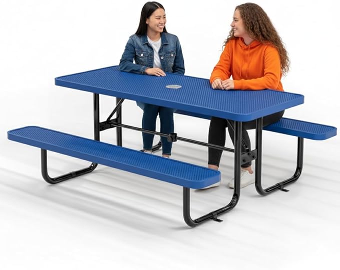 Metal Picnic Furniture for Outdoors with Umbrella Hole - Coated Steel Heavy Duty Commercial Grade Table with Adjustable Seats, Patio Set for a Lifetime (Blue, 6' Rectangular, Punched Steel)