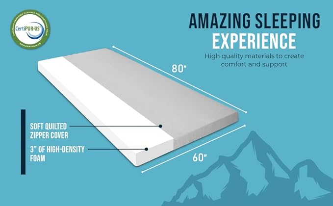 Foamma 3" x 60" x 80" High Density Roll-Up Camping Mattress with Water Resistant Zipper Cover, Foldable and Portable for Camping, RV Bunk, Tent, Guest Bed, Outdoor and Dorm, CertiPUR-US Certified Foam