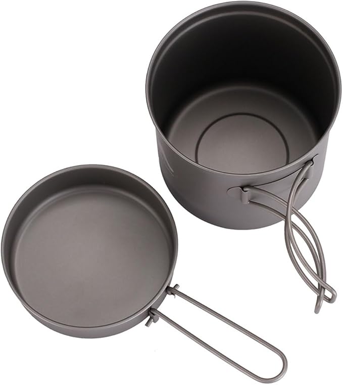 BY-J 2 Piece-Set Titanium Bowl Pot Set with Folding Handle, Outdoor Camping Picnic Pan, Ultralight Cooking Tableware Picnic Dishes