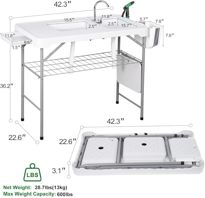 Folding Fish Cleaning Table with 2 Foldable Sinks, 42.5'' Portable Camping Sink Table with Foldable Faucet, Drainage Hose, Sprayer, Storage Box & Grooves, Outdoor Fillet Station for Picnic