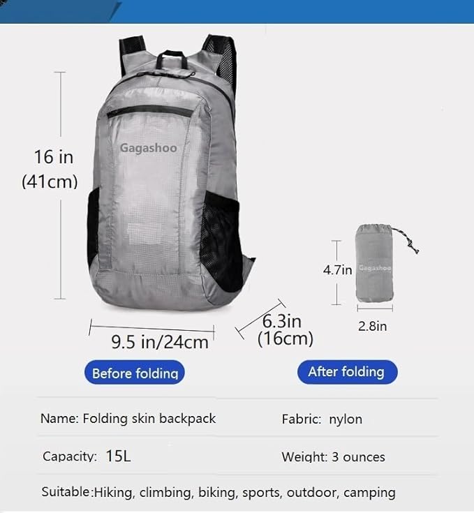Small Foldable Hiking Daypack Packble Skin Casual Backpack Camping Cycling Travel Outdoor Day Bags Useful (Gray)
