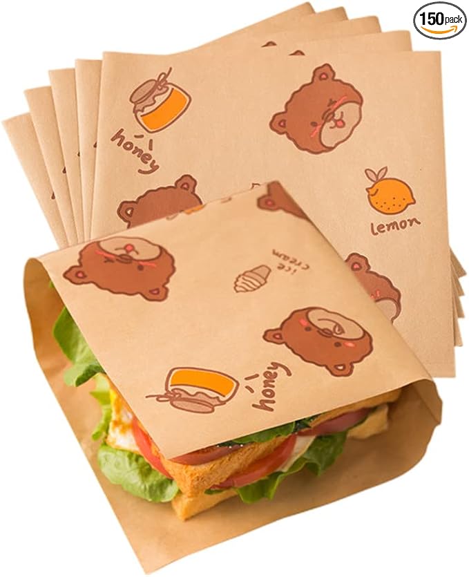 XZJMY 150 Pcs Brown Kraft Paper Sandwich Bags, 7x7" Flat, Recyclable, Non-Stick, Greaseproof, Disposable