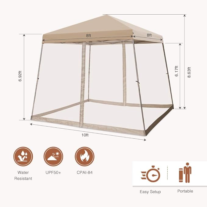 COOS BAY 10x10 Pop Up Canopy Tent with Screen Netting, Slant Leg Canopy with UPF 50+ UV Protection, 64 Sq Ft Shade, One Person Setup with Carry Bag, Beige