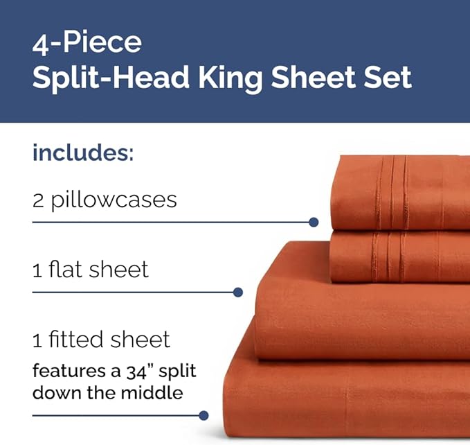 Flex Top Split Head King 4 Piece Sheet Set - Comfy Breathable & Cooling Bed Sheets Set - Hotel Luxury Bedding for Women, Men, Kids, Teens, Boys & Girls - Deep Pockets, Soft and Oeko-Tex - Terracotta