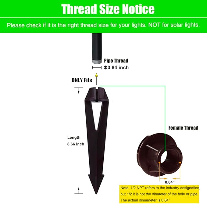 Landscape Lighting Stakes, 1/2 NPT Female Thread, 8.6 Inch Solid Plastic Spikes,Corrosion Resistant Replacement Spikes for Outdoor Garden Yard Path Lights, Spotlights 4-Pack