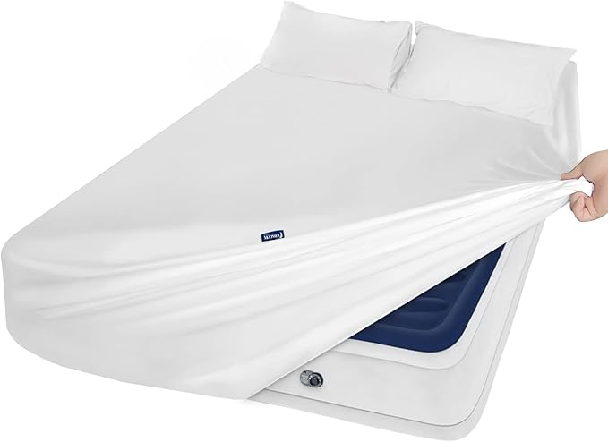 Extra Deep Pocket Air Mattress White Sheets Twin Size - 3Pcs Side Storage Pocket Fitted Sheet & Pillowcase Twin Deep Pocket Sheet Sets Easily Fits for Kids 16in to 24in Pillow Top Air Bed