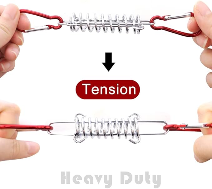 NODG 5 Sets Camping Tent Spring Buckle Set Tent Spring Porch Swing Spring Buckle with Carabiners Heavy Duty Wire Racks Accessories Awning Rope Tensioner for Securing Tarps Tents Sunshade
