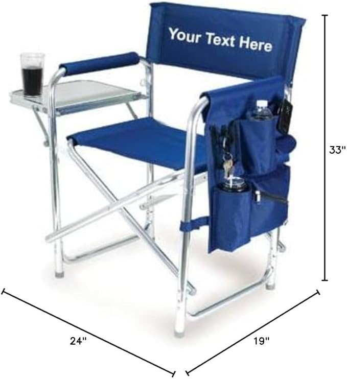 Personalized Embroidered Sports Director Chair with Side Table and Storage Pockets by Picnic Time - Navy Blue