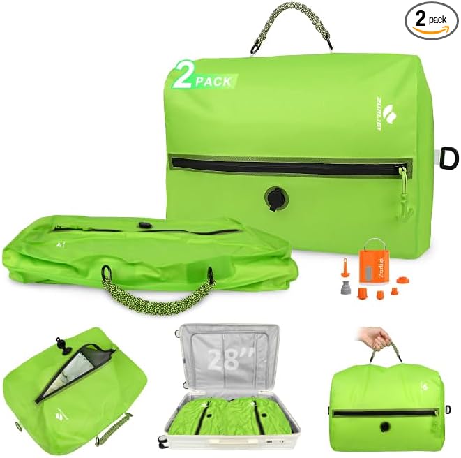 Zurligi Travel Vacuum Compression Bags with Removable Handle & Mini Pump – 39L Reusable IPX8 Waterproof Vacuum Packing Cubes, Vacuum Seal Bags for Clothes, Suitcase & Backpack(2-Pack Green)