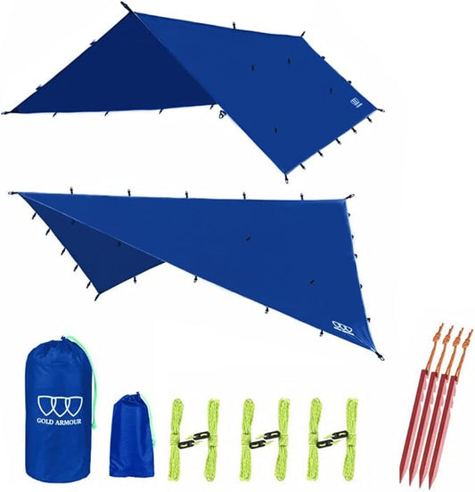 Gold Armour Rainfly Tarp Hammock, Premium 14.7ft/12ft/10ft/8ft Rain Fly Cover, Waterproof Ultralight Camping Shelter Canopy, Survival Equipment Gear Camping Tent Accessories (Blue 10ft x 8ft)