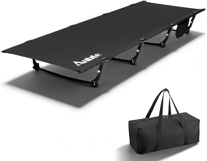 Anbte Ultralight Folding Camping Cot, Comfortable Portable Camping Cot Supports 275 lbs with Storage Bag & Side Pocket, Lightweight Folding Bed for Outdoor Travel Tent Indoor Emergency Bed, Black