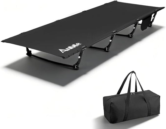 Anbte Ultralight Folding Camping Cot, Comfortable Portable Camping Cot Supports 275 lbs with Storage Bag & Side Pocket, Lightweight Folding Bed for Outdoor Travel Tent Indoor Emergency Bed, Black