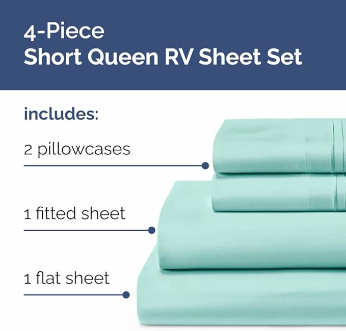 Short Queen Size 4 Piece Sheet Set - RV Short Queen, Soft, Breathable & Cooling Bed Sheets Set w/ Deep Pockets - Hotel Luxury Bedding for Women, Men, Kids, Teens, Boys & Girls - Oeko-Tex - Spa Blue