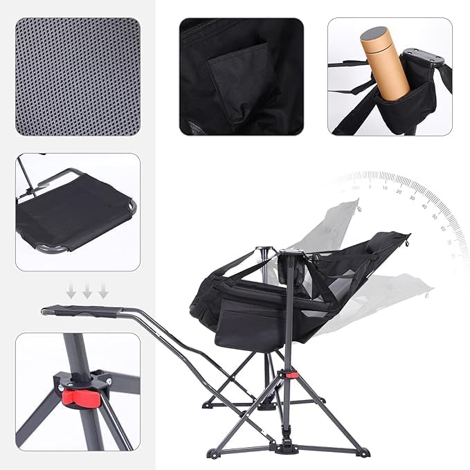 Nice C Hammock Camping Chair, Camping Chair Rocker, Swinging Chair, High Back with Stand, Cup Holder, Side Pocket, Heavy Duty (2, Black w/footrest)