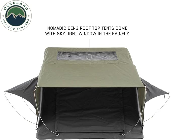 Extended Soft Shell Rooftop Tent, 2-Person - Overland Vehicle Systems HD Nomadic 2 - Grey Body & Green Rainfly