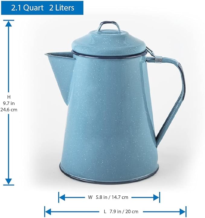 Cinsa Enamelware Coffee Pot (Turquoise Color) - 8 Cups - Camping Essentials - Hot Water for Coffee and Tea - Light and Resistant
