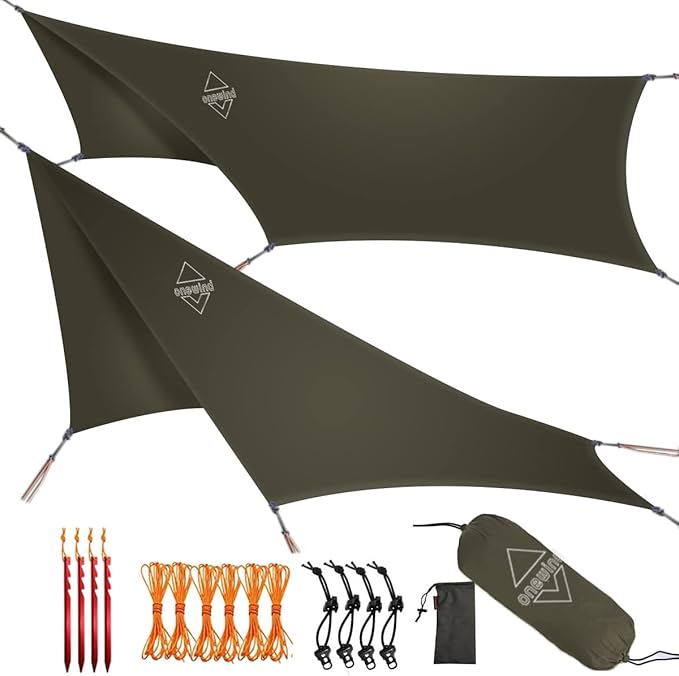 Onewind 12×10 ft Hexagon Hammock Rain Fly, Waterproof Lightweight and Durable Silnlyon Camping Hammock Tarp for Backpacking and Hiking, Complete Accessories, OD Green