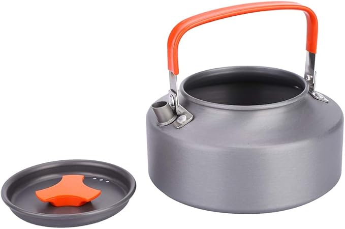 Aluminum Teapot 37oz, Coffee and Tea Kettle with Folding Handle, Portable Pot for Camping, Hiking and Kitchen Use, Black Handle (Orange handle)