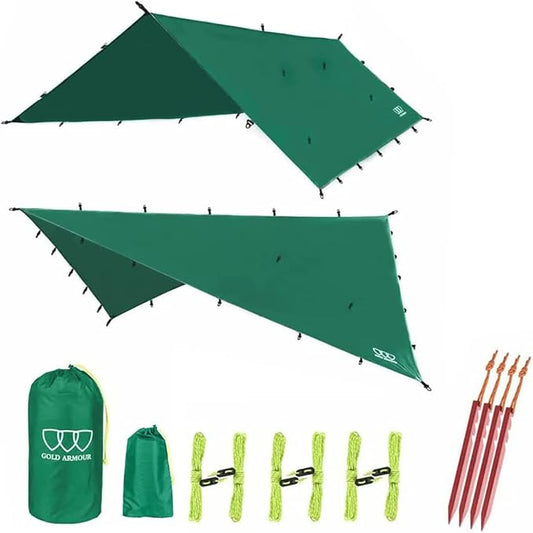 Gold Armour Rainfly Tarp Hammock, Premium 14.7ft/12ft/10ft/8ft Rain Fly Cover, Waterproof Ultralight Camping Shelter Canopy, Survival Equipment Gear Camping Tent Accessories (Green 12ft x 10ft)