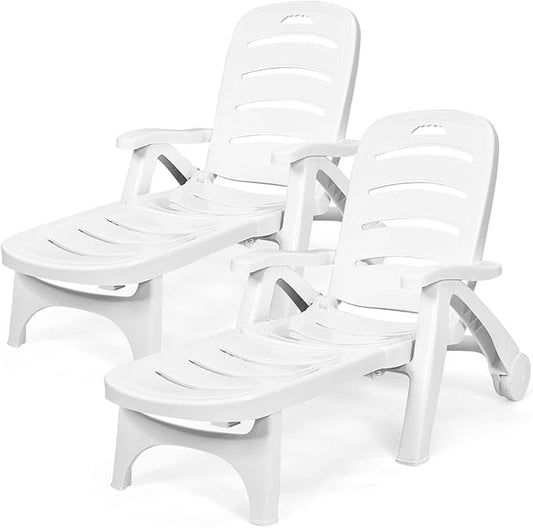 Tangkula Outdoor Chaise Lounge Chair, Adjustable 5-Position Recliner Chair with Built-in Wheels, Weather-Resistance Folding Lounge for Patio, Backyard, Poolside and Beach (2, White)