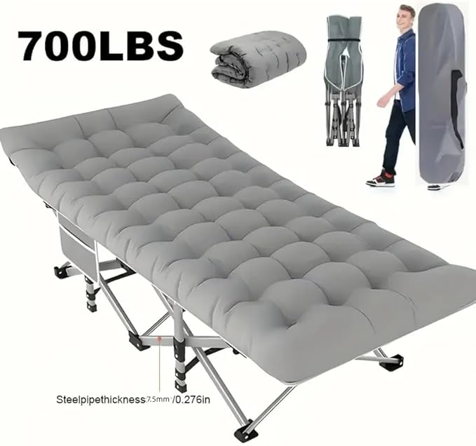 Comfortable and Soft Folding Bed, Portable Camping cot with Side Pockets and Mattress, Extra-Thick Oversized Folding Bed, Weight Capacity of 500/600/700 lbs (Grey 700lbs)