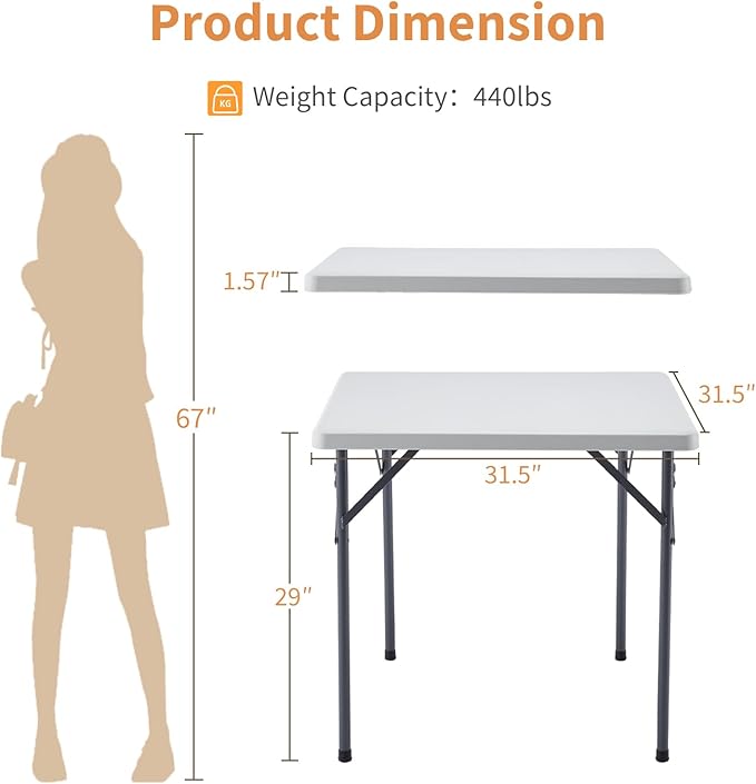 BOOSDEN 32 Inch Square Folding Table, Lightweight Folding Card Table, Indoor Outdoor Portable Utility Foldable Tables, Collapsible Legs Plastic Table for Puzzles Game Crafting Camping Picnic Party