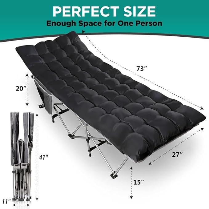 ZONETECH Folding Outdoor Camping Travel Cot and Cot Pad -Lightweight Portable Heavy Duty Adult & Kids Large Pocket and Cushion (Gray & Black, 2-Pack)