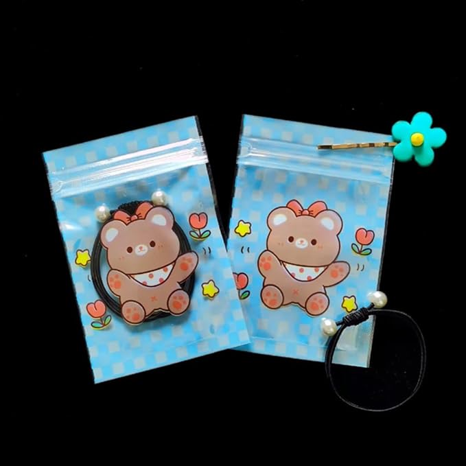 50 Pieces 7.5x11cm Small Cartoon Resealable Bags Cute PP Bag For Jewelry Packaging Bags Premium Adorable Anime Gift Bag (Blue bear)