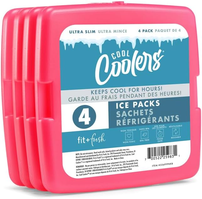 Cool Coolers by Fit + Fresh, Reusable & Long-Lasting Slim Ice Packs, Cold Packs for Lunch Boxes, Ice Packs for Lunch Bags, Pink 8 Pack