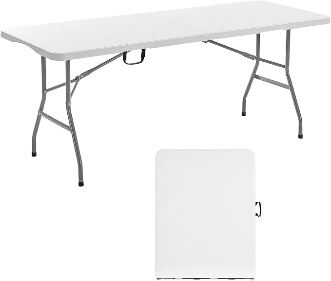 VEVOR Folding Table, 6 Ft Heavy Duty Portable Fold-in-Half Utility Table, Indoor Outdoor Plastic Rectangle Table with Built in Handle, for Party, Dining, Wedding, Events, Picnic, Camping, White