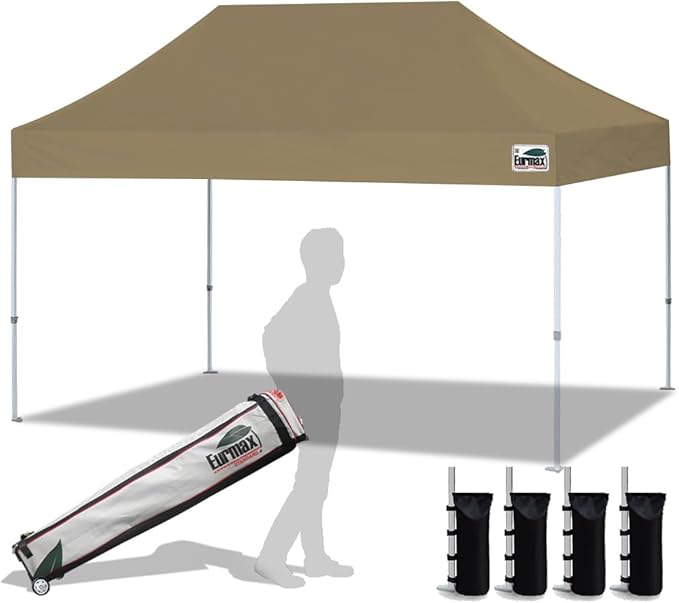 Eurmax USA 10'x15' Pop Up Canopy Tent Commercial Instant Canopies with Heavy Duty Roller Bag,Bonus 4 Sand Weights Bags (Khaki)