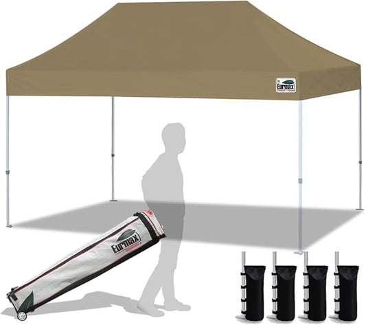 Eurmax USA 10'x15' Pop Up Canopy Tent Commercial Instant Canopies with Heavy Duty Roller Bag,Bonus 4 Sand Weights Bags (Khaki)