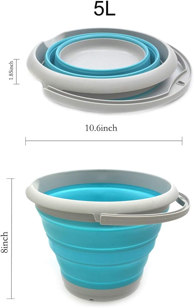 SAMMART 5L / 1.32 Gallon Collapsible Plastic Bucket - Foldable Round Tub - Portable Fishing Water Pail - Space Saving Outdoor Waterpot (5L Round, Grey/Bright Blue)