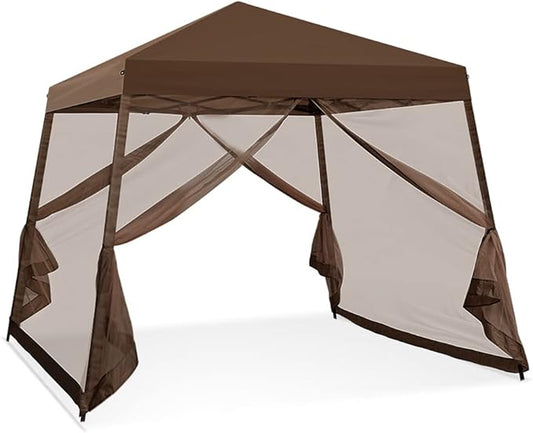 COOS BAY 10x10 Pop Up Canopy Tent with Screen Netting, Slant Leg Canopy with UPF 50+ UV Protection, 64 Sq Ft Shade, One Person Setup with Carry Bag, Brown