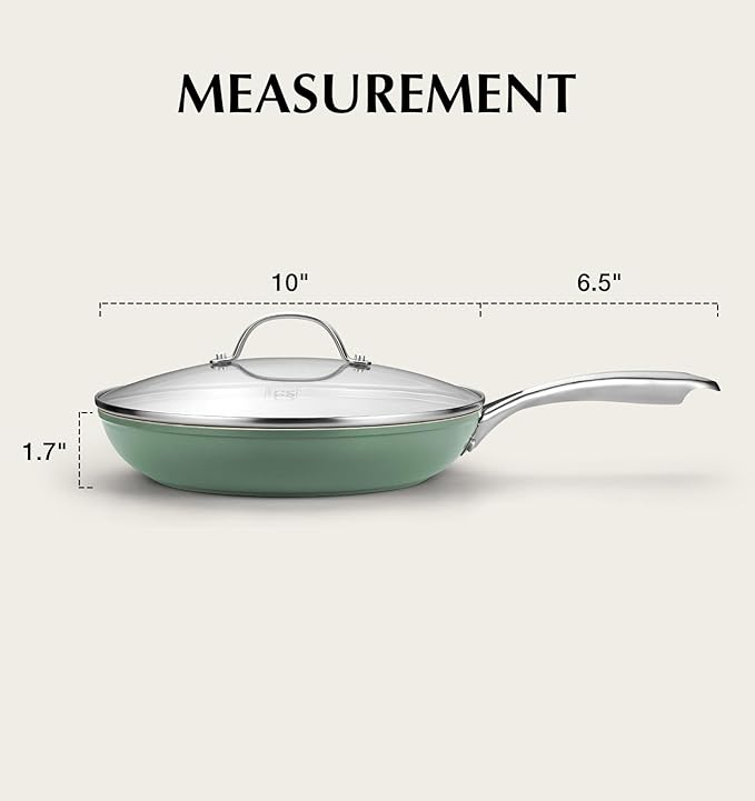 KOCH SYSTEME CS 10 Inch Nonstick Frying Pan with Lid, Non Stick Ceramic Frying Pan with Stay-Cool Stainless Steel Handle, Induction Compatible Skillet, PTFE & PFOA Free, Oven Safe, Sage Green