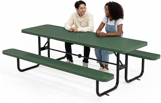 Metal Picnic Furniture for Outdoors with Umbrella Hole - Coated Steel Heavy Duty Commercial Grade Table with Adjustable Seats, Patio Set for a Lifetime (Green, 8' Rectangular, Punched Steel)