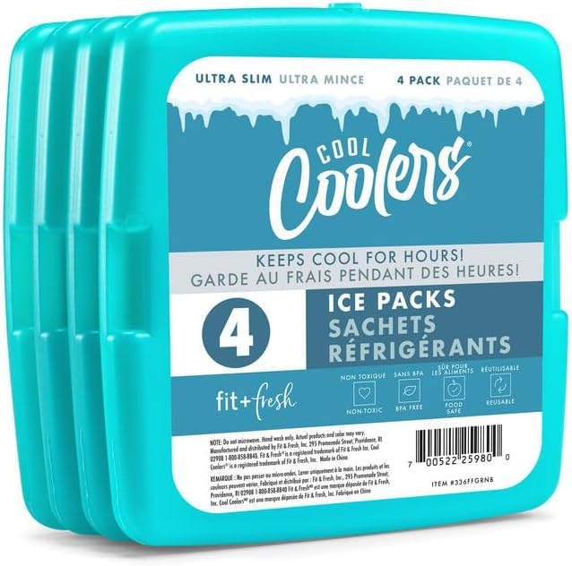 Cool Coolers by Fit + Fresh, Reusable & Long-Lasting Slim Ice Packs, Cold Packs for Lunch Boxes, Ice Packs for Lunch Bags, Green 8 Pack