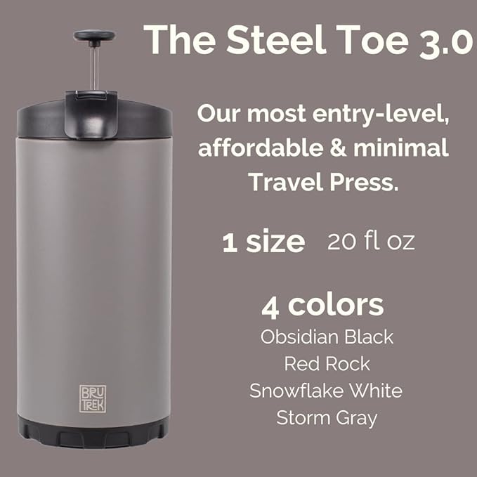 BruTrek Steel Toe 3.0 Travel Coffee Press - Brew 20 fl.oz On The Go - No Spill Lid, Double Wall Vacuum Insulated Stays Hot for Hours, French Press Coffee (Obsidian Black)