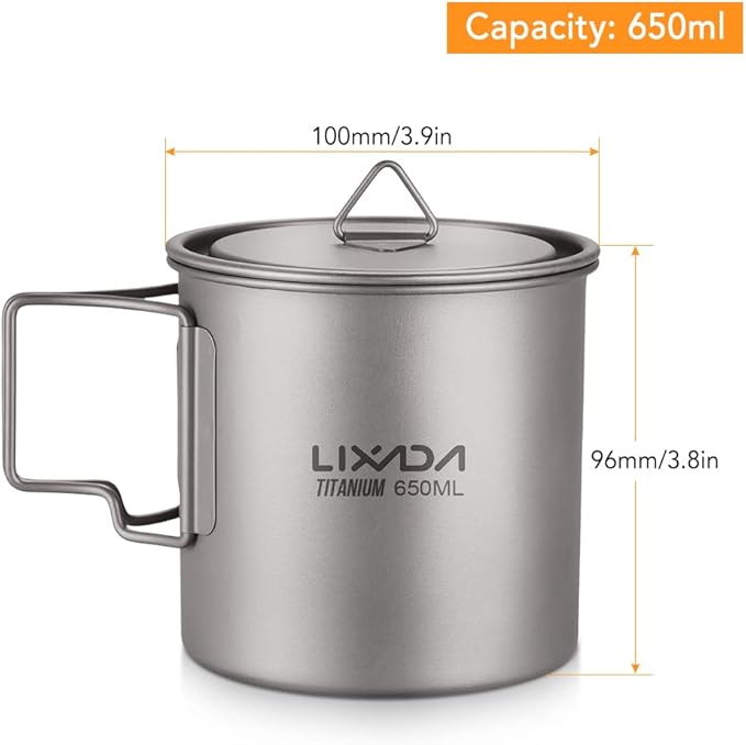 Lixada Titanium Pot, Lightweight Camping Pot Titanium Cup Titanium Backpacking Pot with Portable Foldable Handles for Outdoor Camping Hiking Backpacking