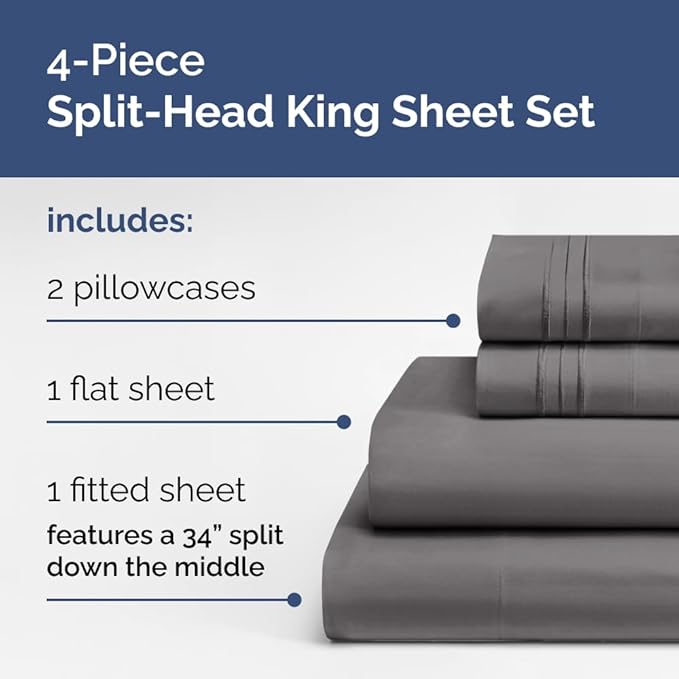 Flex Top Split Head King 4 Piece Sheet Set - Comfy Breathable & Cooling Bed Sheets Set - Hotel Luxury Bedding for Women, Men, Kids, Teens, Boys & Girls - Deep Pockets, Soft and Oeko-Tex - Dark Grey