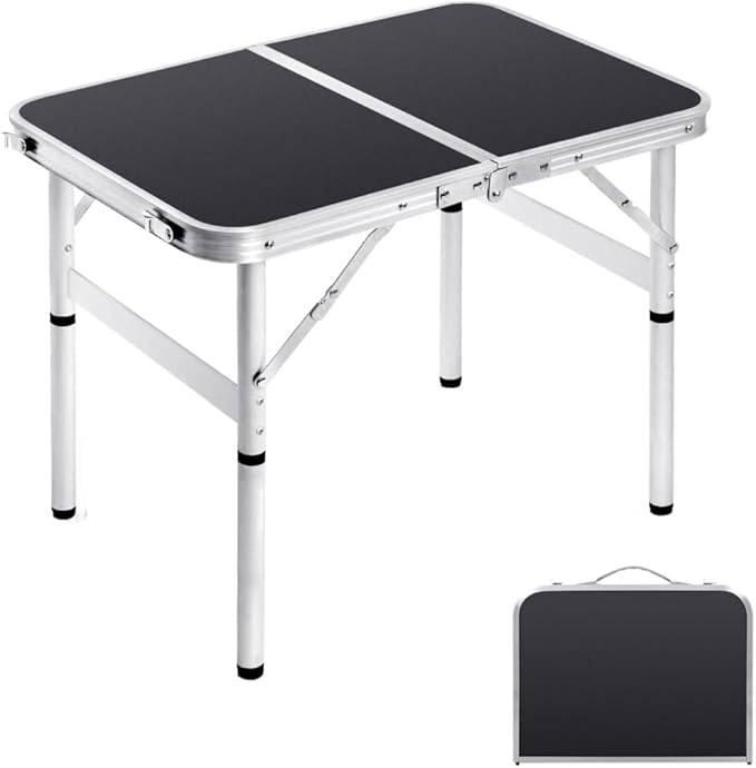 Small Folding Table 2FT Foldable Camping Table Portable Picnic Table Aluminum 2 Height Adjustable Outdoor Beach Card Black 23.6×15.7 inch