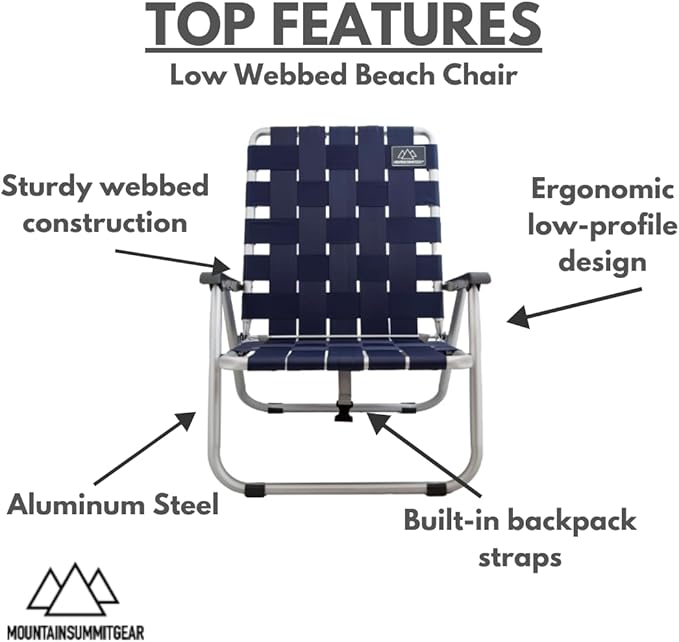 MOUNTAIN SUMMIT GEAR Low Webbed Beach Chair with Backpack Straps - Portable Lightweight Seating for Outdoor Adventures, Beach Days and Camping by Caddis Sports