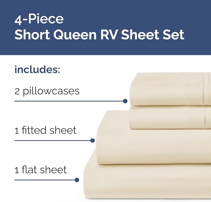 Short Queen Size 4 Piece Sheet Set - RV Short Queen, Soft, Breathable & Cooling Bed Sheets Set with Deep Pockets - Hotel Luxury Bedding for Women, Men, Kids, Teens, Boys and Girls - Oeko-Tex - Wheat